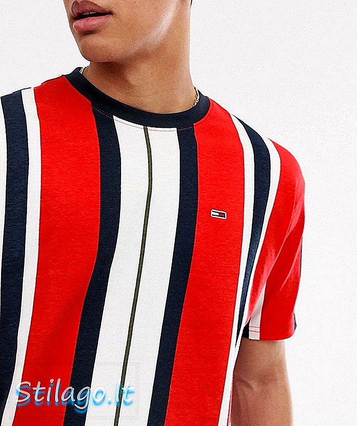 Tommy Jeans - T-shirt à rayures verticales et logo drapeau - Rouge