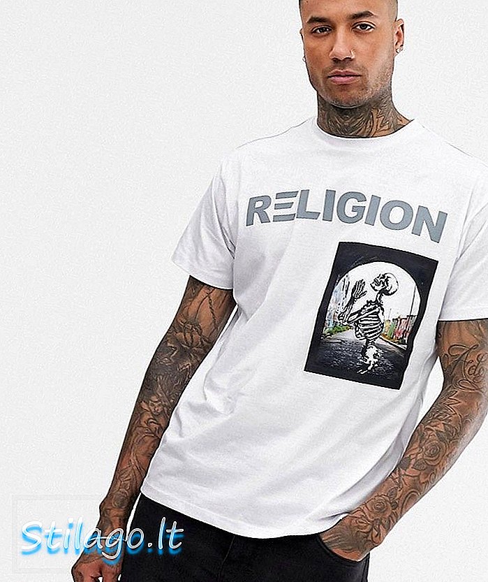 سفید میں کنکال پیچ کے ساتھ مذہب کی ٹی شرٹ
