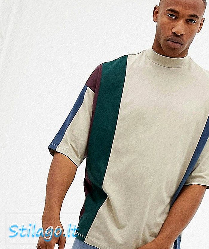 ASOS DESIGN 베이지 색상의 세로 색상 블록에 반소매 및 터틀넥이있는 오가닉 오버 사이즈 롱 라인 티셔츠
