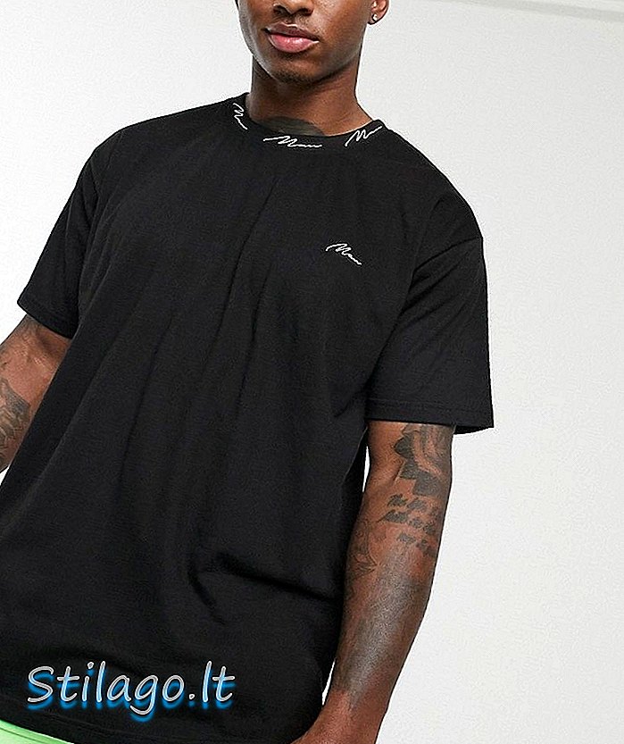 tričko BoohooMAN s potlačou s rebrovaným krkom v čiernej farbe