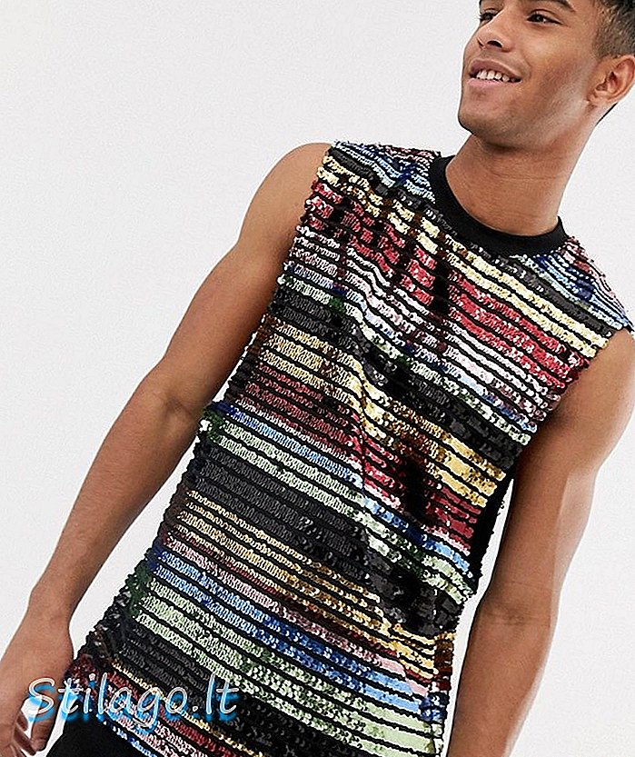 ASOS DESIGN - T-shirt senza maniche con striscia arcobaleno di paillettes-Nero