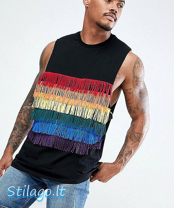 ASOS DESIGN - T-shirt sans manches festival avec franges multicolores sur le devant - Noir
