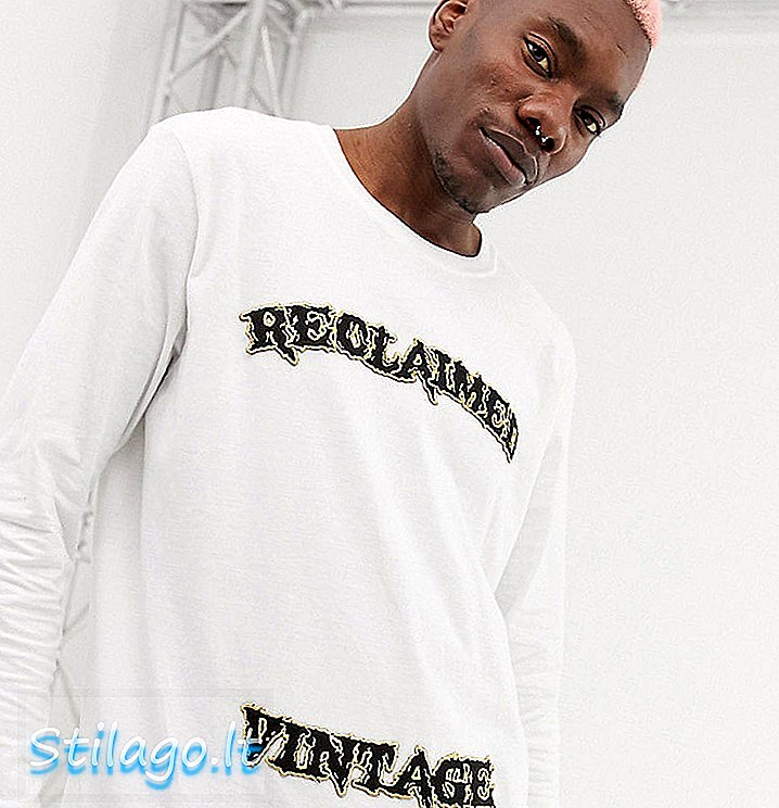 Genvundet Vintage inspireret varsity logo langærmet t-shirt i hvid-sort