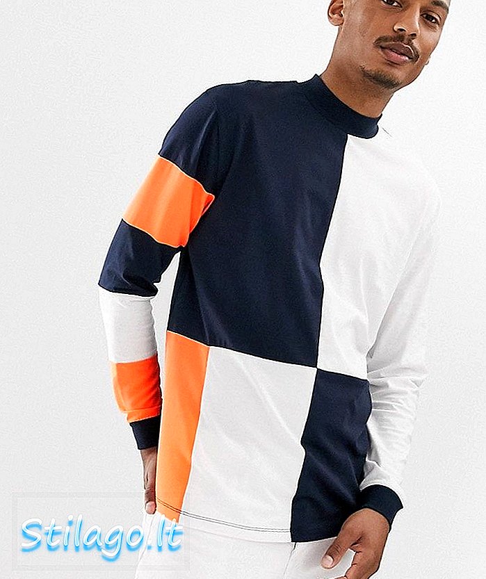 ASOS DESIGN - Ruimvallend T-shirt met lange mouwen, col en geweven patchwork colour-navy