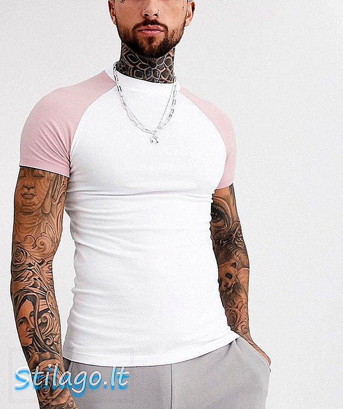 T-shirt raglan yang sesuai dengan otot ASOS DESIGN dengan leher awak berwarna putih & merah jambu-Multi