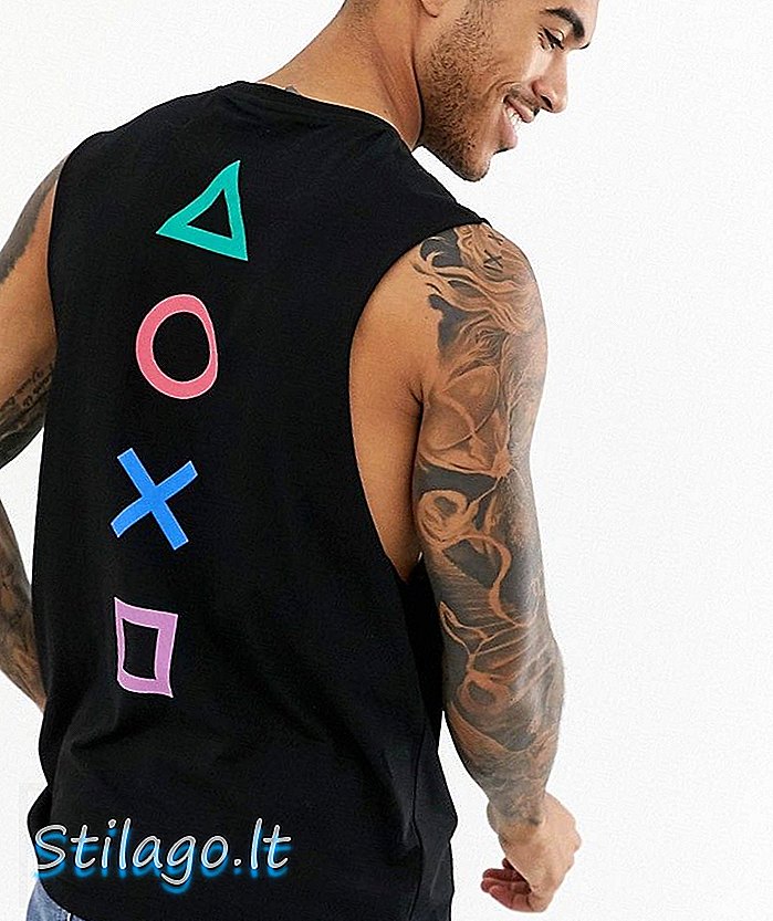 ASOS DESIGN PlayStation ermeløs t-skjorte med nedfelt ermhull med bryst- og baktrykk - Svart