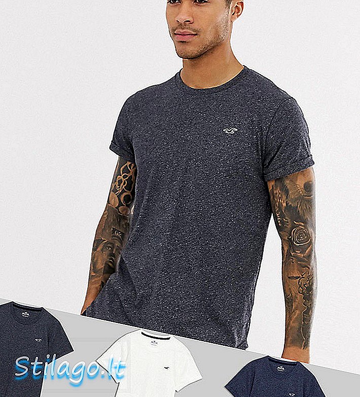 T-shirt Hollister 3 pezzi con orlo curvo logo gabbiano in bianco / blu / grigio-Multi