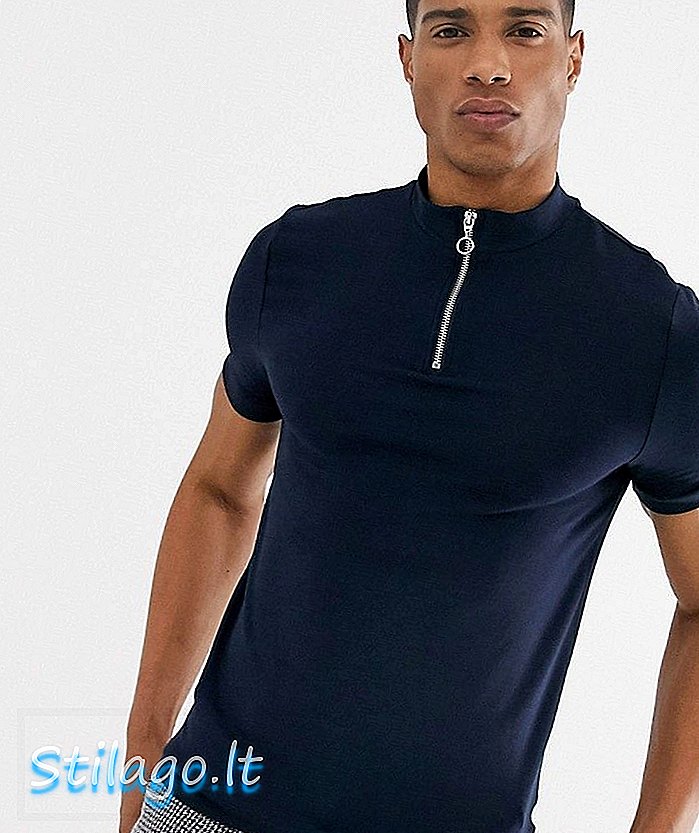ASOS DESIGN - T-shirt a collo alto con zip aderente in tessuto organico blu navy