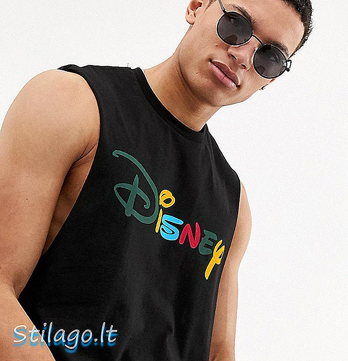 ASOS DESIGN Висока тениска без ръкави от Disney с изпуснат капак и текст на дъгата-Черен