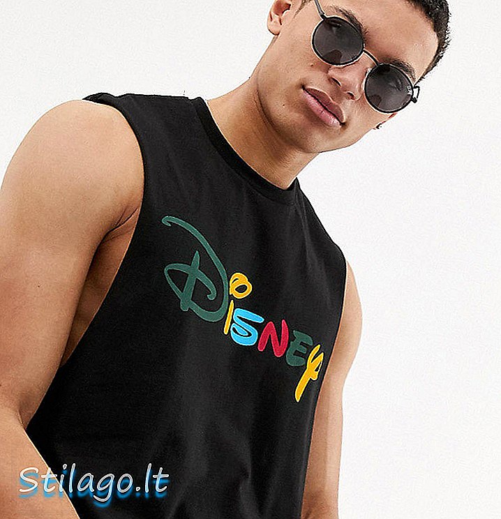 ASOS DESIGN Bırakılan kol deliği ve gökkuşağı metinli uzun Disney kolsuz tişört-Siyah