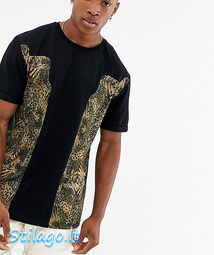 ASOS डिजाइन तेंदुए प्रिंट पैनल और रोल आस्तीन-काला के साथ आराम से टी-शर्ट