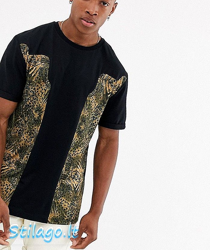 Camiseta relajada de ASOS DESIGN con paneles con estampado de leopardo y manga enrollada-Negro