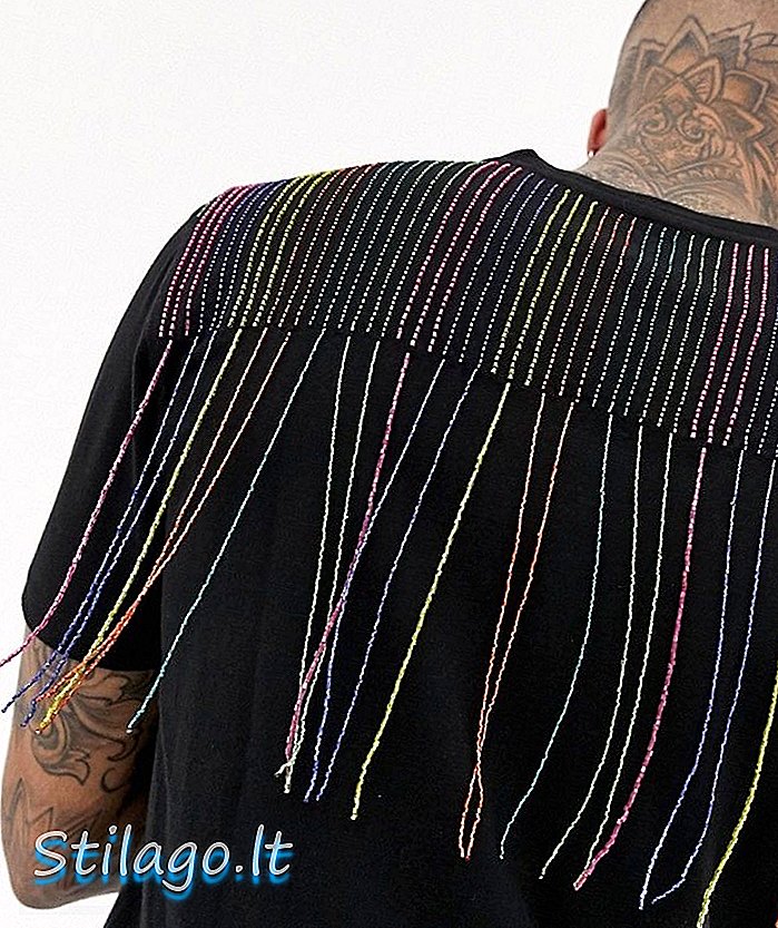 ASOS DESIGN uvolněné tričko s různobarevnou duhou zdobenou třásněmi v černé barvě
