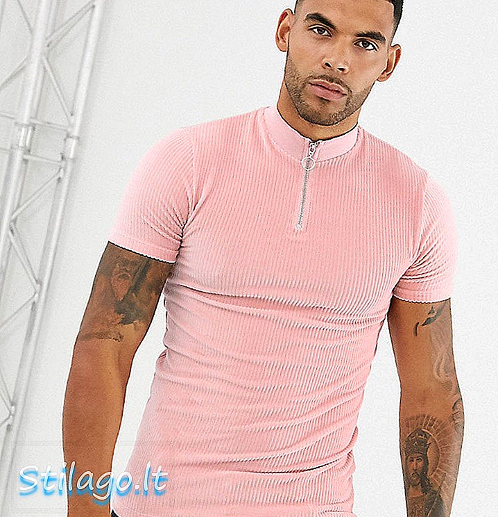 ASOS DESIGN T-shirt con muscoli alti e collo con zip in velluto a coste rosa