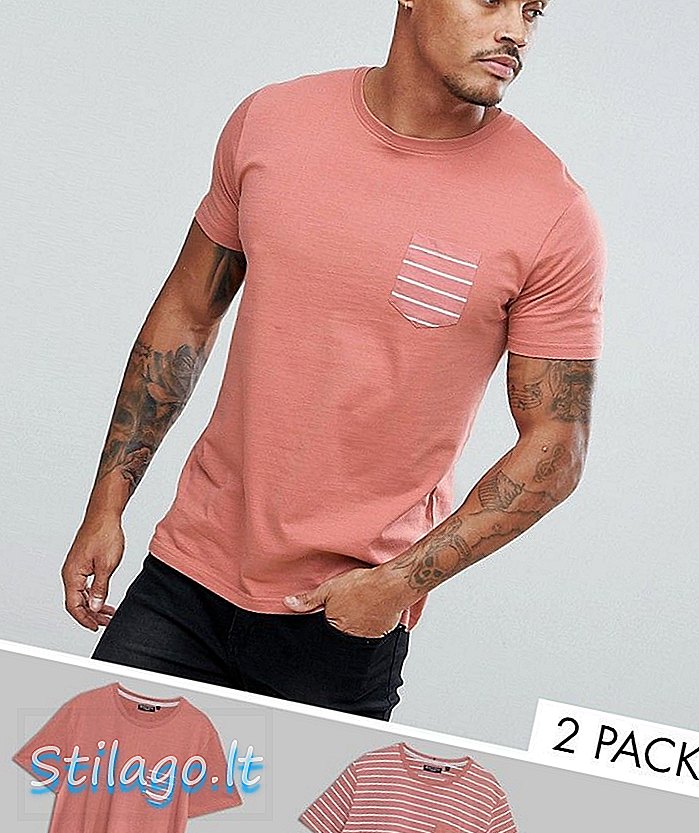 Brave Soul 2 Pack Stripe A Plain T-Shirt-Pink