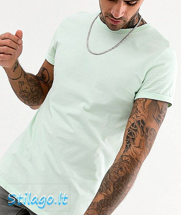 T-shirt leher kru ASOS DESIGN dengan lengan gulung berwarna hijau