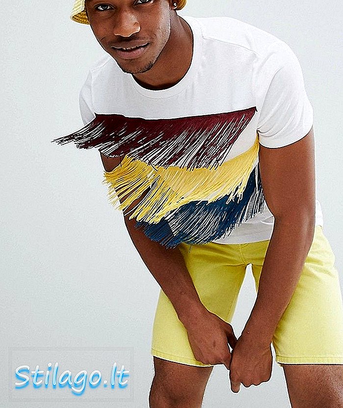 ASOS ڈیزائن فیسٹول لانگ لائن ٹی شرٹ جس میں رنگین فرنٹ fringing سفید ہے