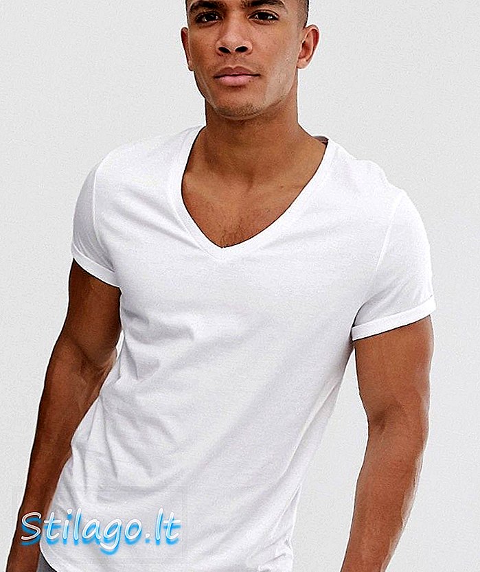 سفید میں گہری وی گردن اور رول آستین والی ASOS ڈیزائن ٹی شرٹ