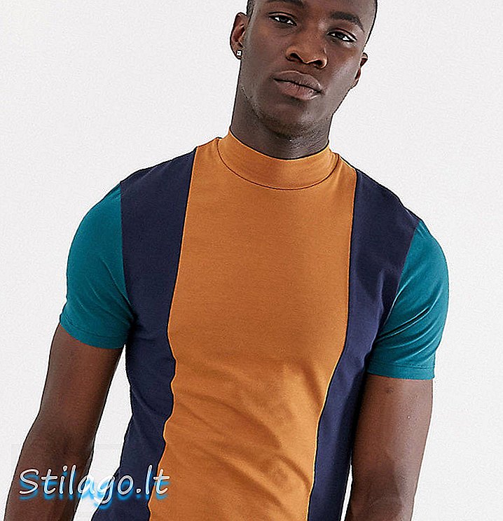 ऊर्ध्वाधर रंग ब्लॉक-मल्टी में खिंचाव और कछुए की गर्दन के साथ ASOS डिजाइन लंबा पतला टी-शर्ट