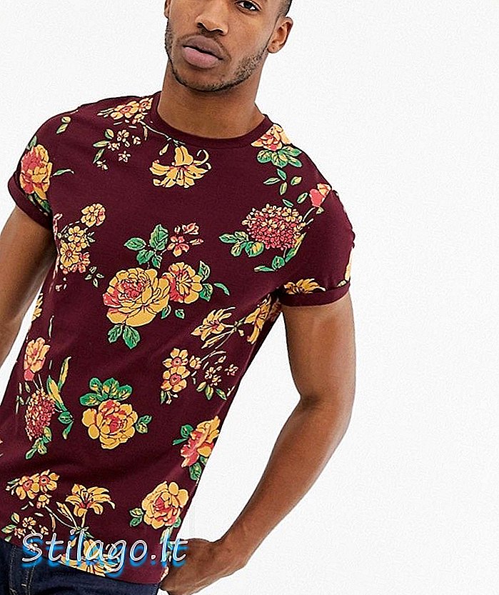 롤 슬리브가있는 꽃 무늬 프린트 아 소스 디자인 티셔츠