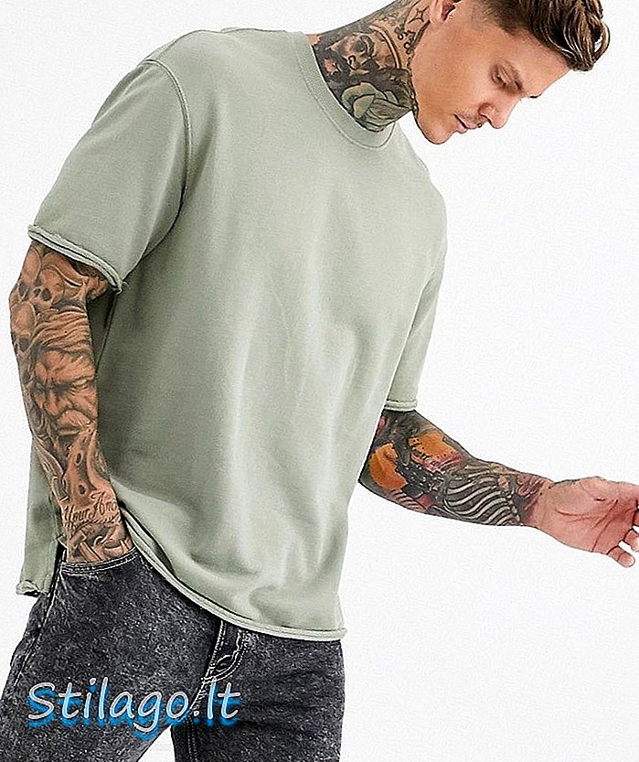 Übergroßes Bershka-T-Shirt mit roher Kante in Khaki-Grün