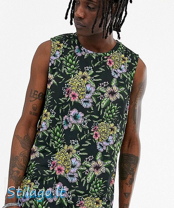 Gilet t-shirt smanicato stampa tropicale Urban Threads-Nero