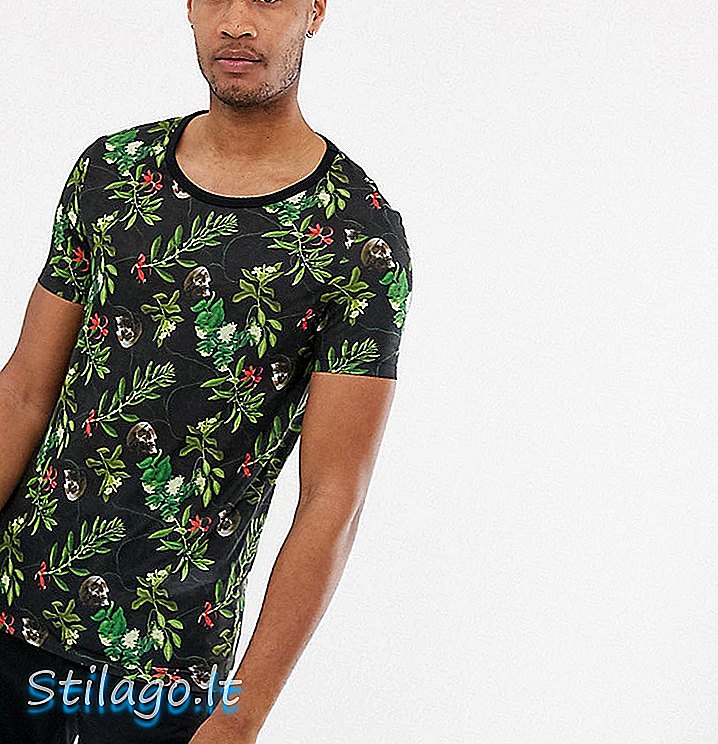 ASOS DESIGN T-shirt alta com estampado floral de caveira e decote redondo-Preto