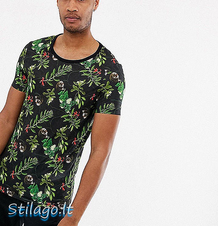 ASOS DESIGN Lång t-shirt med blommig skalle-tryck och skop-hals-svart