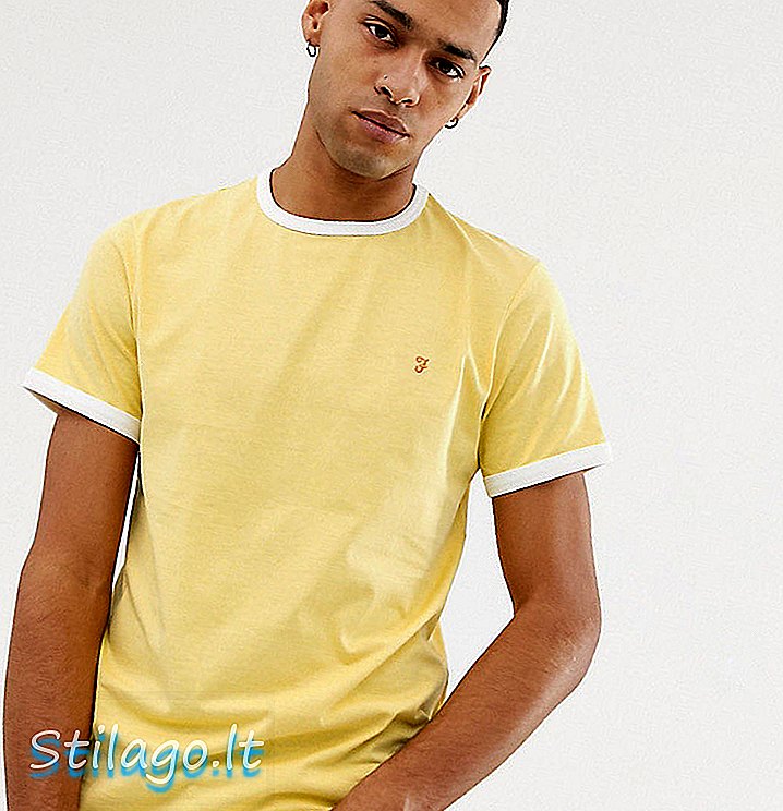 فرح گرووس نے اے ایس او ایس میں پیلے رنگ کے خصوصی میں پتلی فٹ رنگر ٹی شرٹ تیار کی