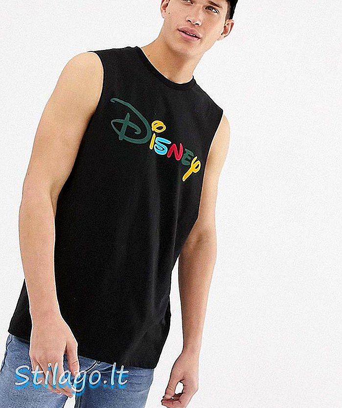 ASOS DESIGN Düşen kol ve gökkuşağı metinli Disney kolsuz tişört-Siyah