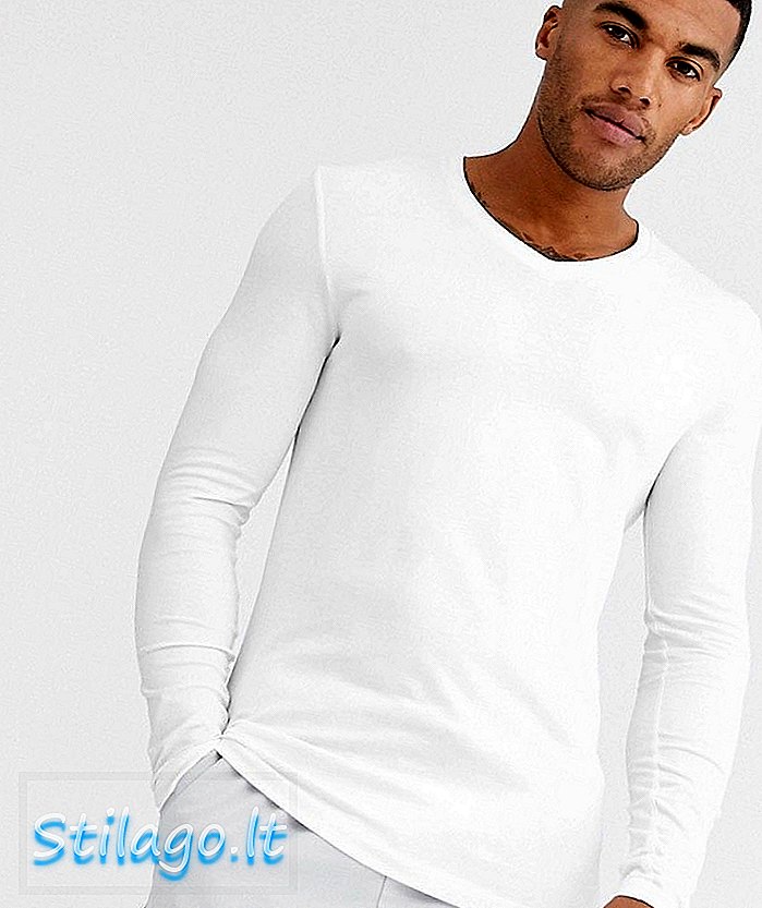 एएसओएस डिझाईन लांब स्लीव्ह स्नायूंचा टी-शर्ट पांढर्‍या व्ही