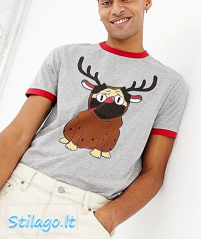 Camiseta navideña con estampado de renos pug de ASOS DESIGN-Gris