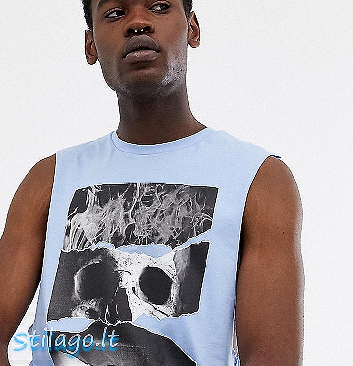 ASOS DESIGN - T-shirt senza maniche alta in cotone organico con giromanica sceso e stampa teschio blu