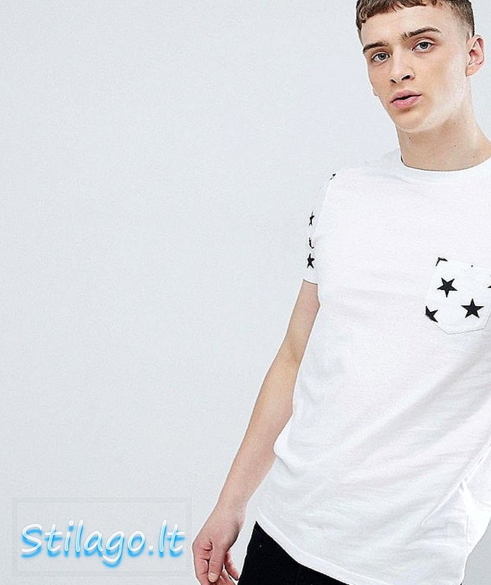 Tričko ASOS DESIGN s rukávy s hvězdým potiskem a kapsou-White