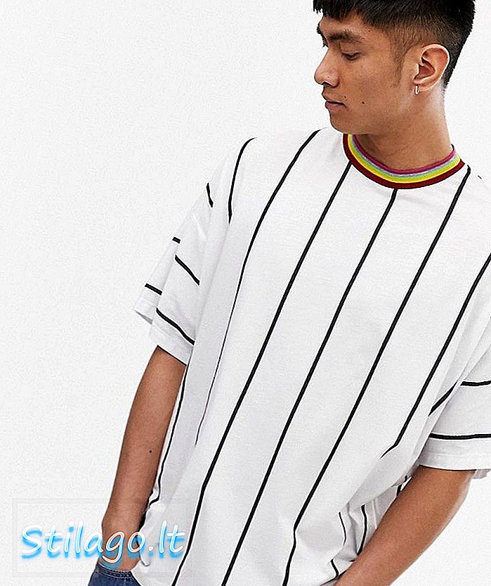 T-shirt ASOS DESIGN berukuran besar dalam jalur menegak dengan warna leher tip-Putih