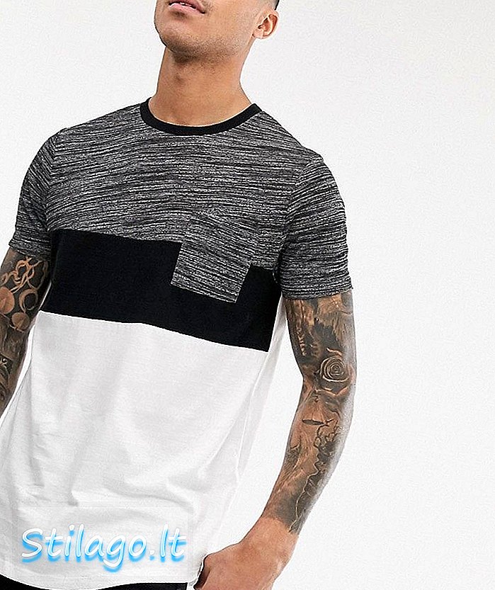 Tričko ASOS DESIGN, dlhý rukáv so zakriveným lemom, so zaujímavým kontrastným jarmom a vreckom-biele