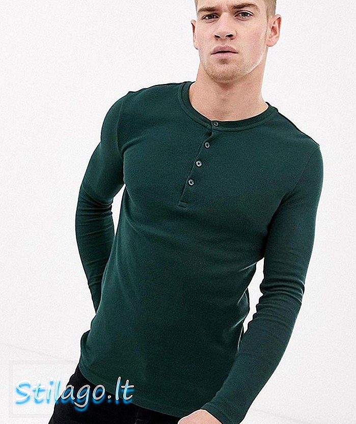 T-shirt grandad lengan panjang ASOS DESIGN sesuai wafel dalam khaki-Green