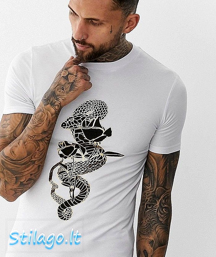 ASOS DESIGN Muscle Fit T-Shirt mit Schlangenmuster in Goldfolie-Weiß