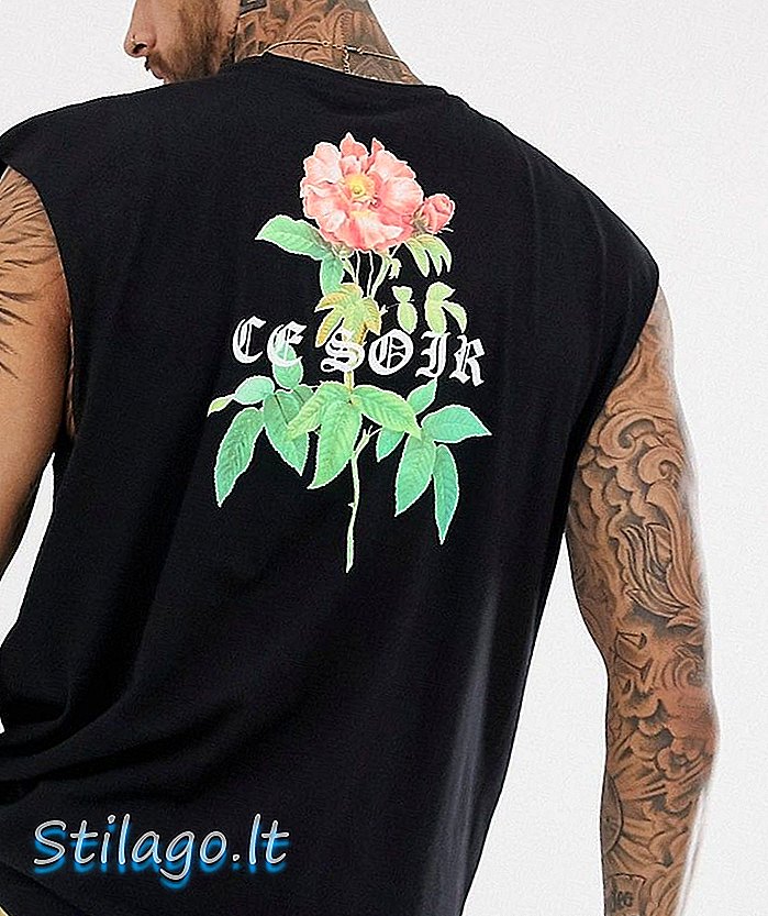 ASOS DESIGN - Oversized tanktop van biologisch katoen met roos op de achterkant en tekstprint - Zwart