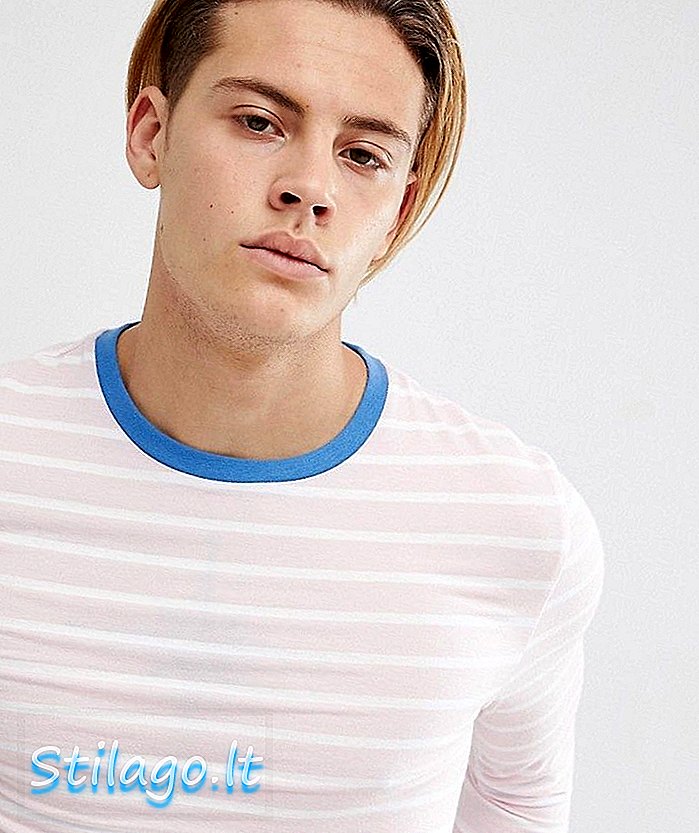 ASOS DESIGN - T-shirt a maniche lunghe in tessuto a righe a righe rosa con collo a contrasto