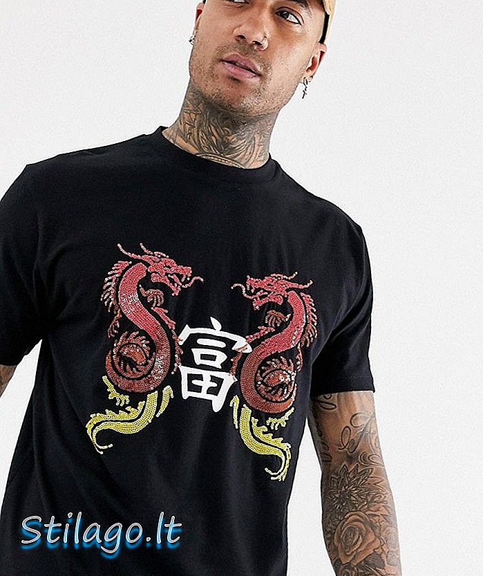 ASOS DESIGN - T-shirt décontracté orné de sequins dragon et imprimé - Noir