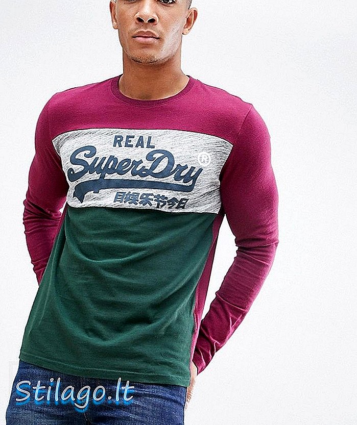 Superdry - T-shirt à manches longues et empiècement logo vintage en vert / bordeaux