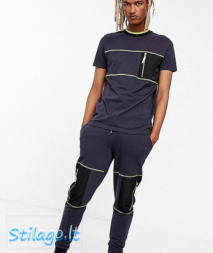 ASOS DESIGN koordináta póló kontrasztos segédzsákkal és öltéssel, mosott fekete-szürke színben