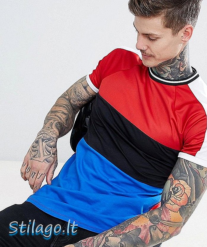ASOS DESIGN āķu jedas raglāna t-krekls ar izliektu apakšmalu un poličotras jūgu sarkan-zilā krāsā