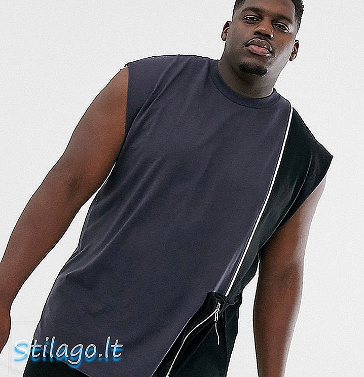 ASOS DESIGN Plus ogromna majica brez rokavov z izvrstnim žepom in cevmi v oprani črno-sivi barvi