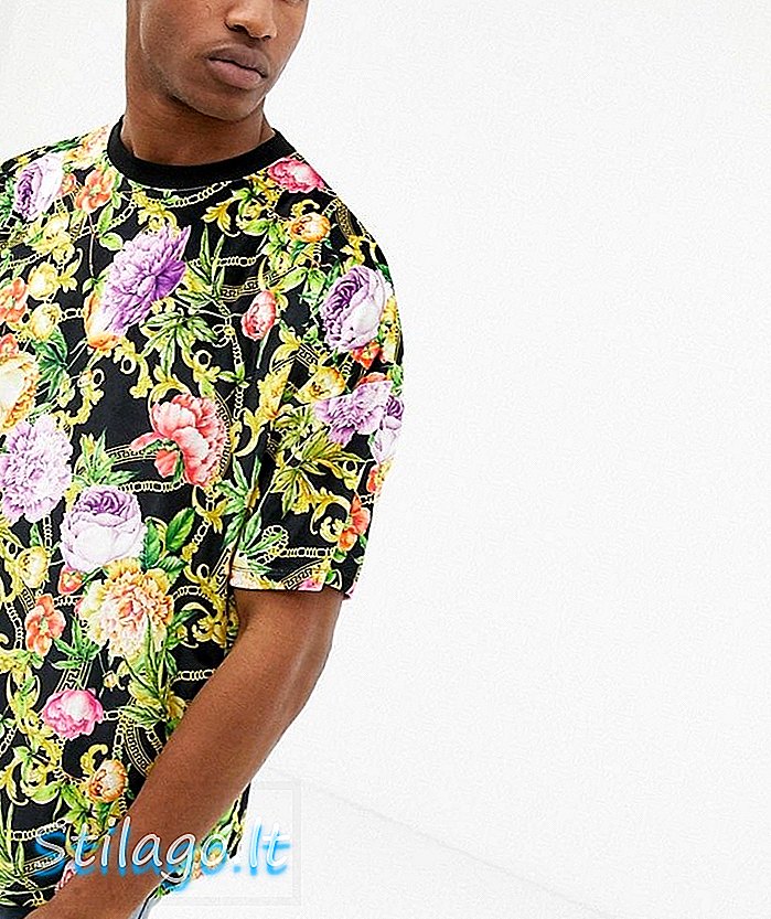 ASOS DESIGN - Oversized velours T-shirt met all-over print van rozen en kettingen - Zwart