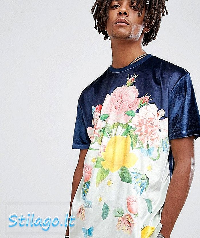 ASOS DESIGN - Ruimvallend T-shirt van velours met bloemenprint - Navy