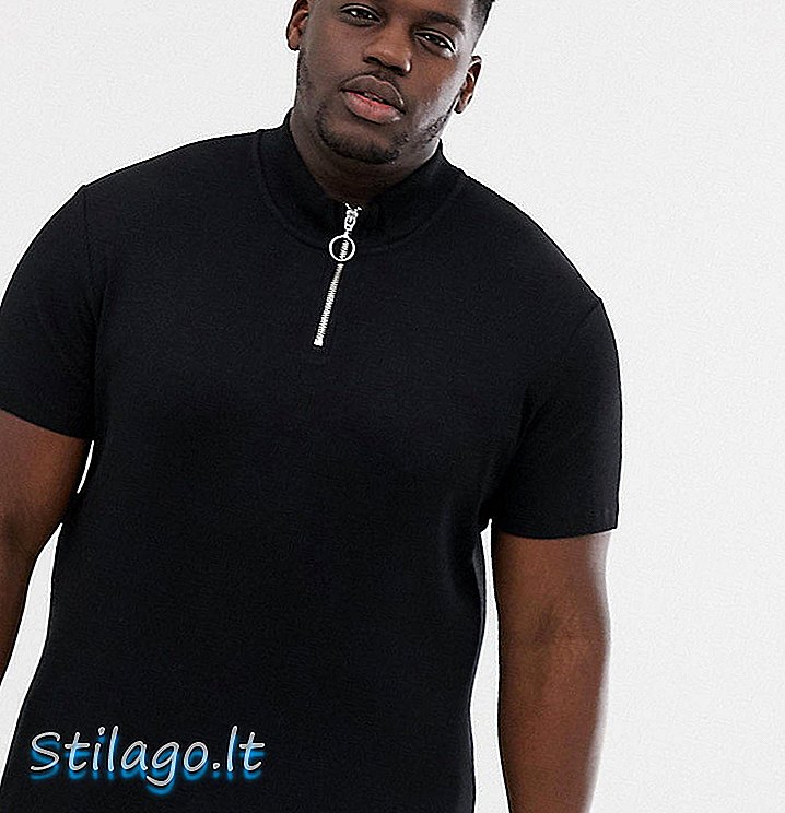 ASOS DESIGN Plus - T-shirt a costine con collo a zip tartaruga in nero