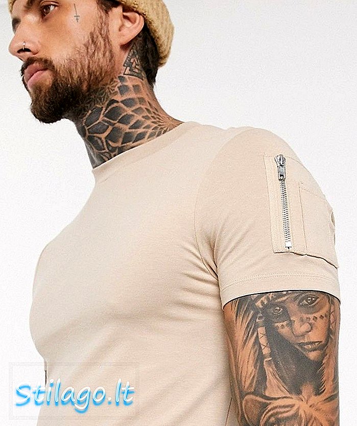 ASOS डिजाइन पतली टी-शर्ट के साथ घुमावदार हेम और बेज में एमए 1 जेब