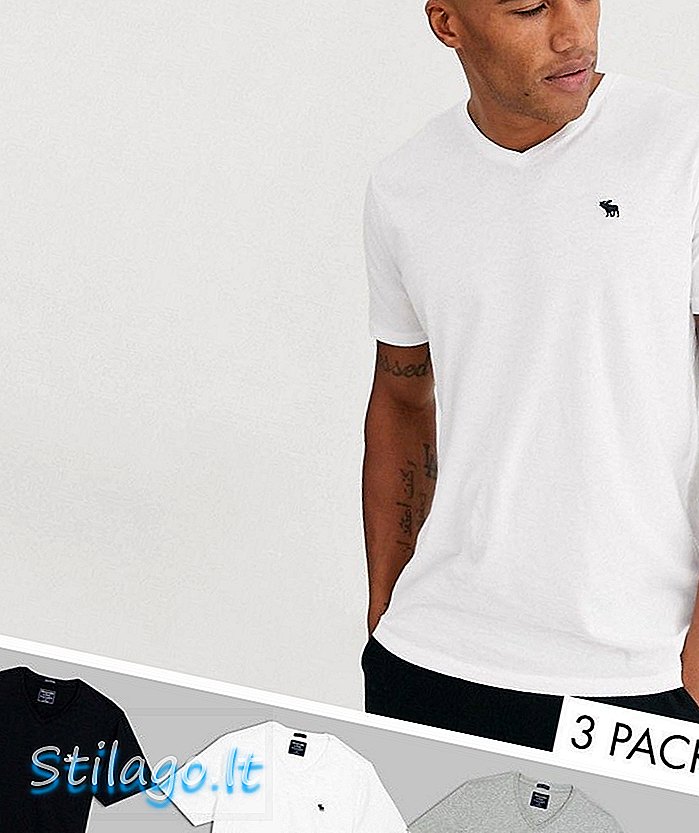 Abercrombie & Fitch 3 Pack V-Neck T-Shirt Icon Logo باللون الأبيض / الرمادي / الأسود-متعدد